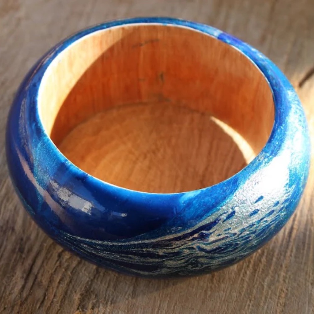 Blue Marbleized Handcrafted Wood Bangle - New